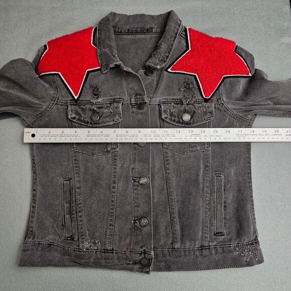 Carmar LF Charcoal Gray Faded Black Denim Jacket Red Star Patches M Distressed - Picture 7 of 11